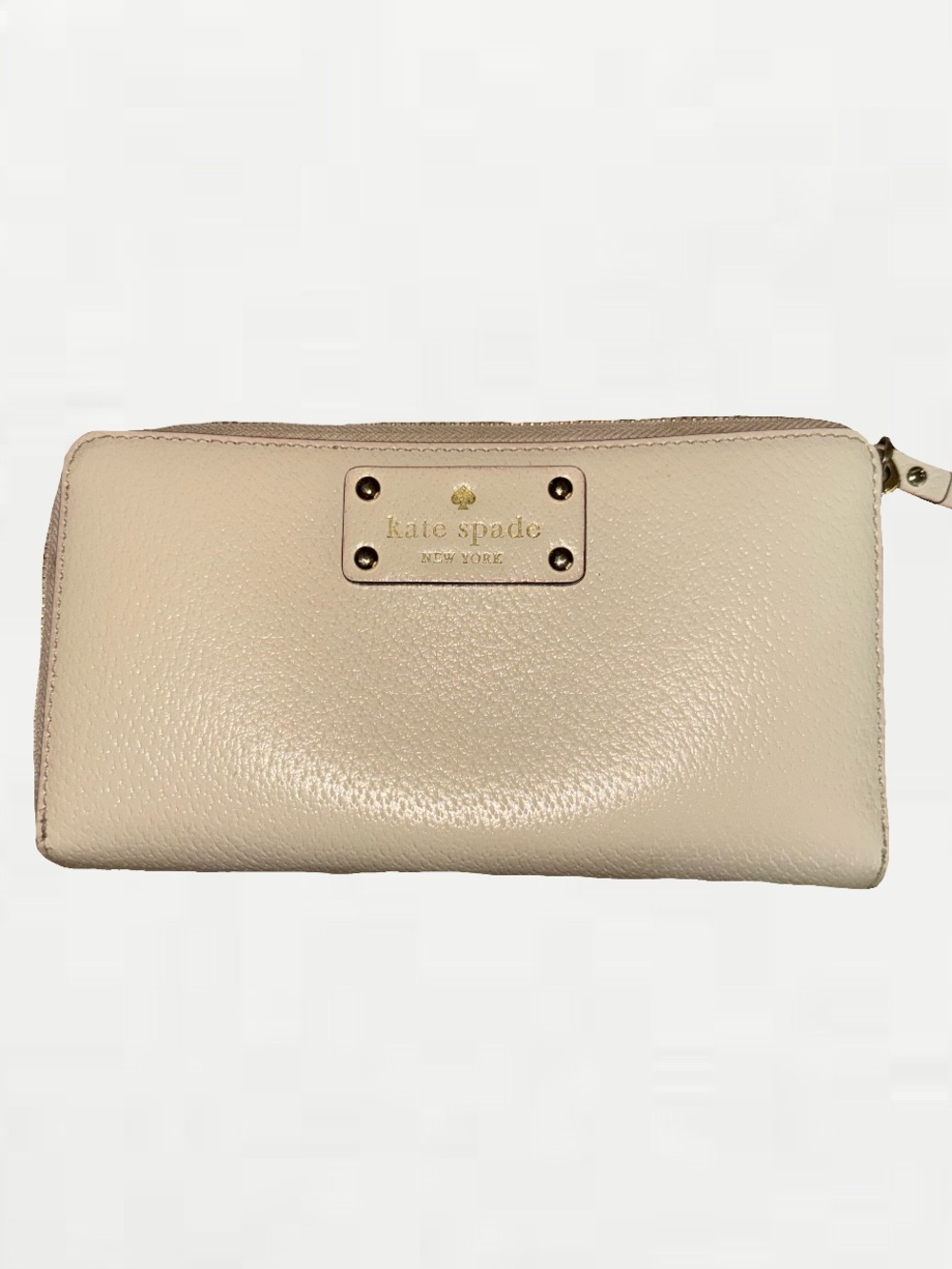 kate spade Cream Pebbled Leather Zip-Around Wallet with Logo Plaque